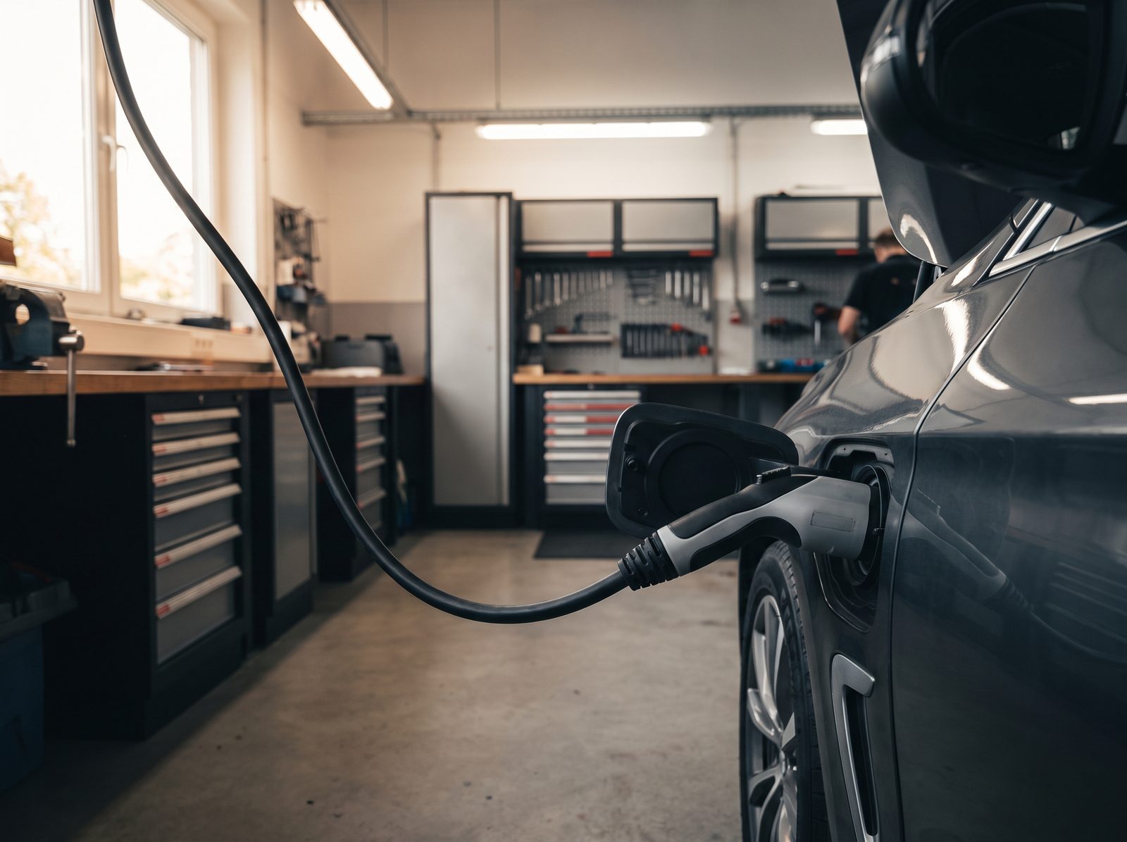 Ladestecker im Ladeanschluss eines Elektroautos in der Werkstatt