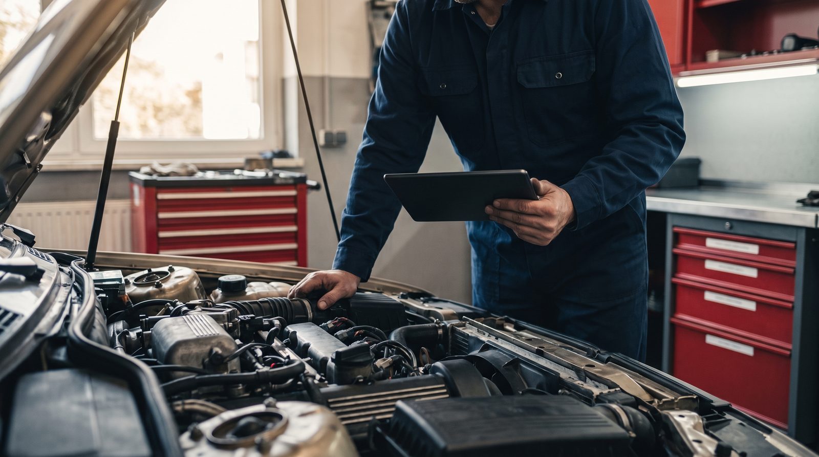 Mechaniker mit Diagnose-Tablet am offenen Motorraum